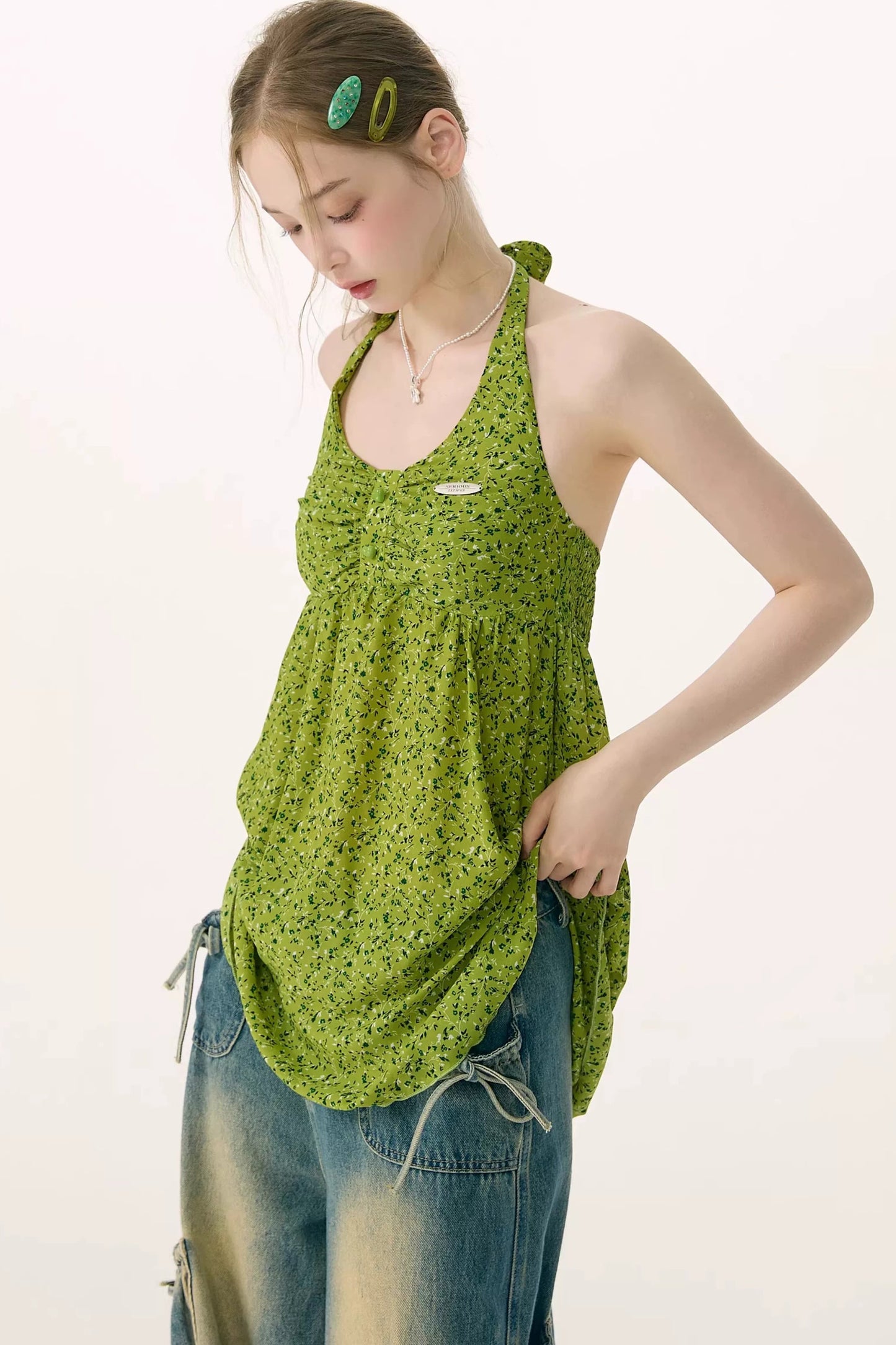 Green Floral Halter Top