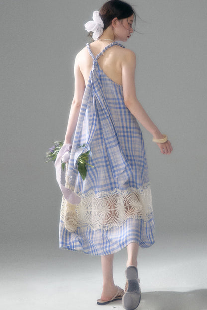 Blue White Plaid Lace Slip Dress