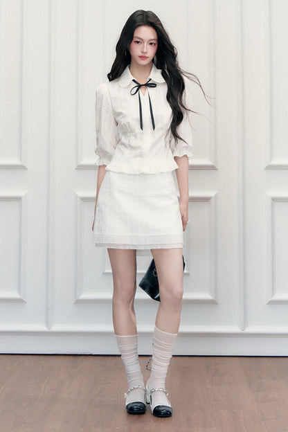 Doll Collar Preppy Blouse and Skirt Set-Up