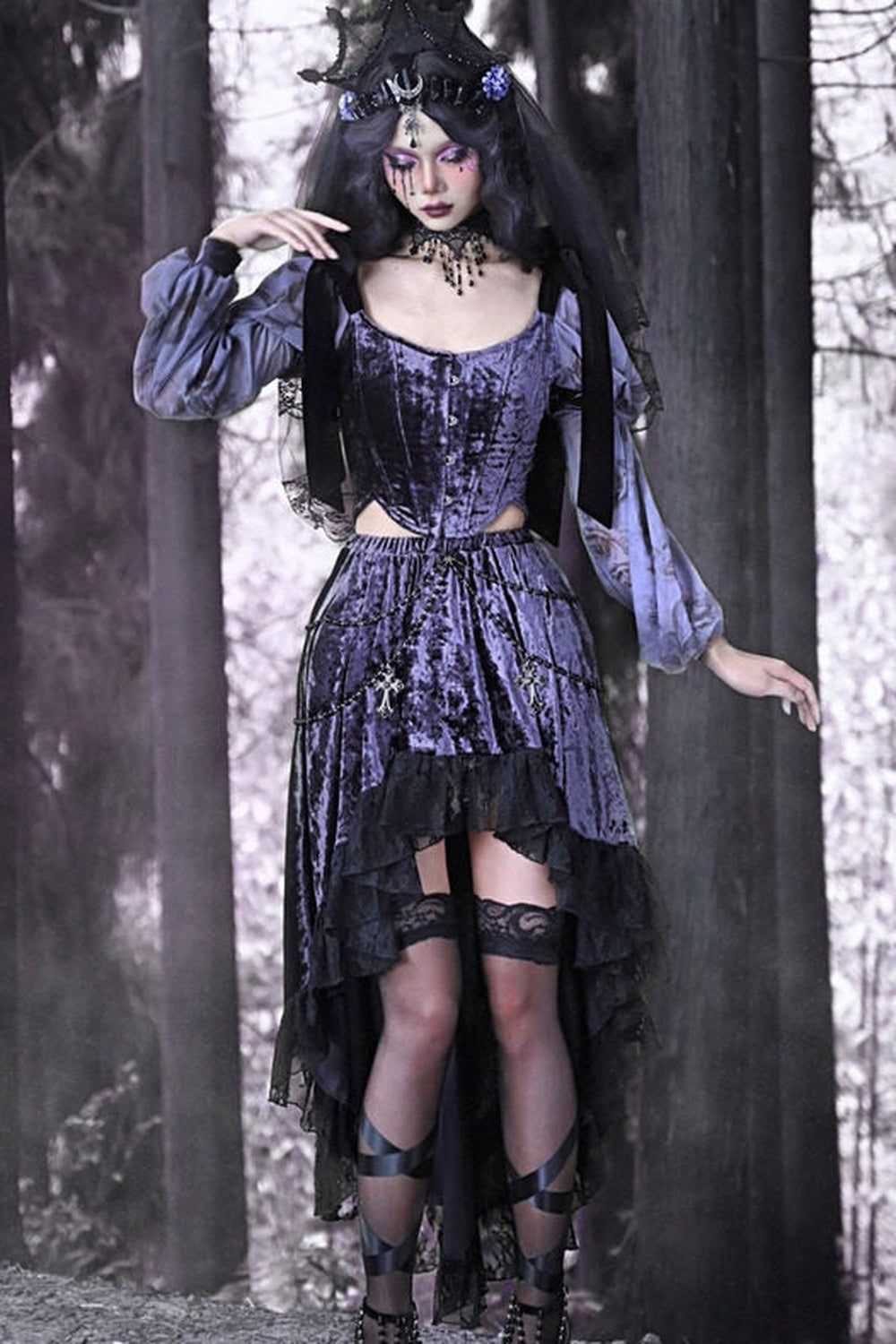 Gothic Velvet High-Low Lace Trim Skirt