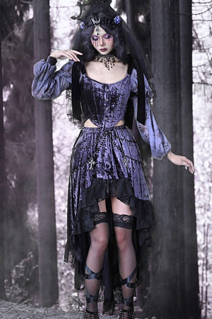 Gothic Velvet High-Low Lace Trim Skirt