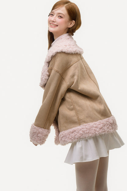 Pink Lamb Wool Patchwork Suede Jacket