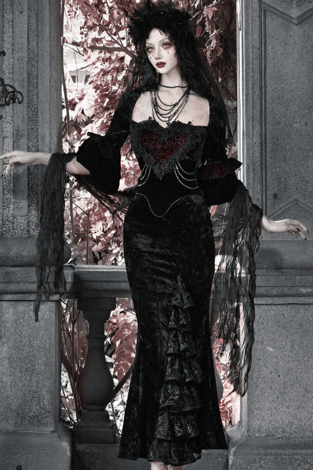 Burgundy Velvet Strapless Fishtail Dress Set-Up
