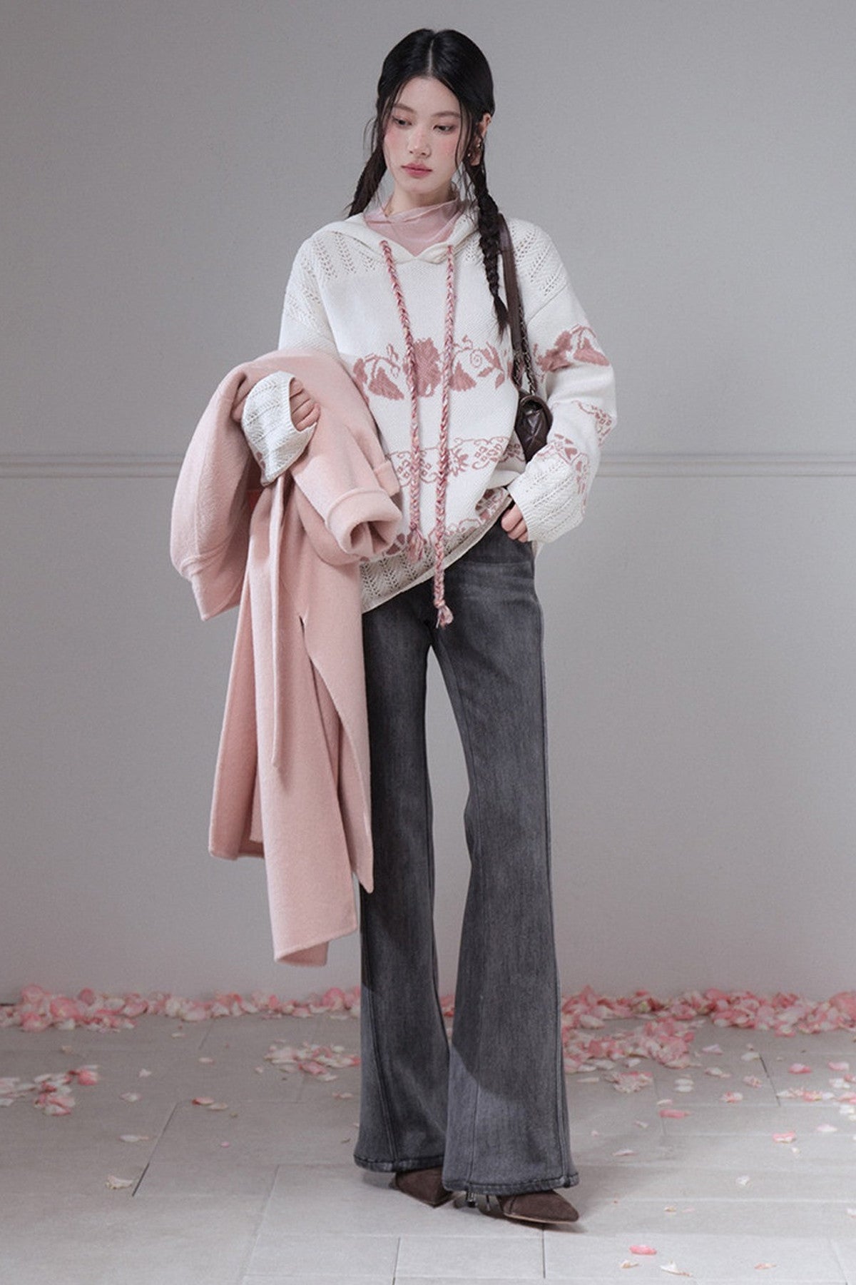 Pink Fair Isle Hollow-Out Hooded Pullover Sweater