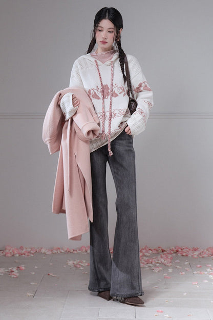 Pink Fair Isle Hollow-Out Hooded Pullover Sweater