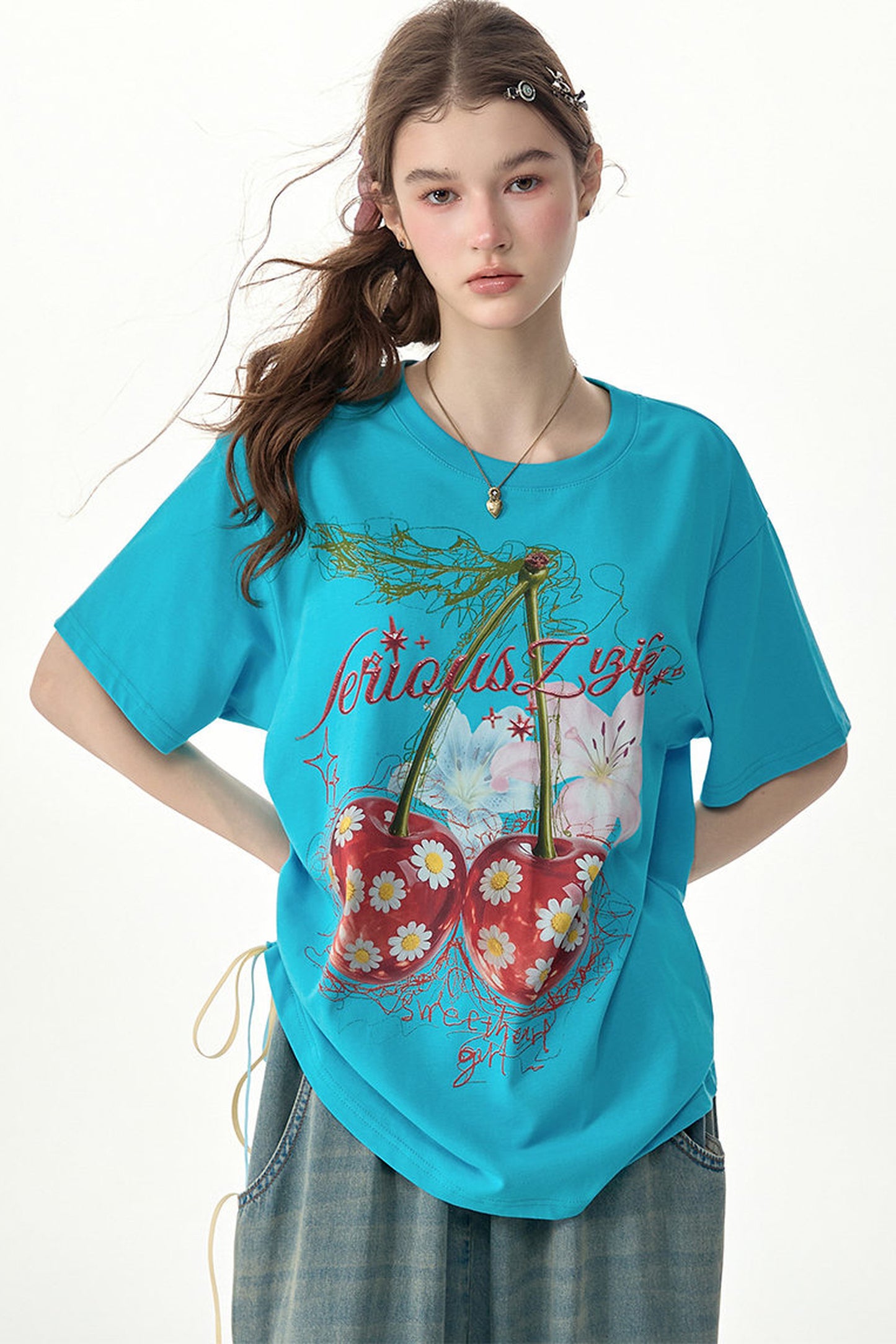 Cherry Print Blue Short-Sleeved T-Shirt