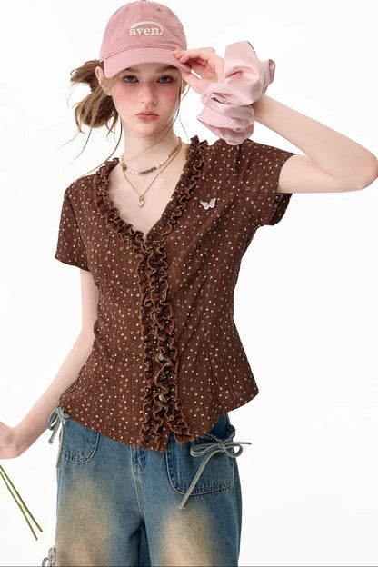 Chemisier marron en dentelle à pois