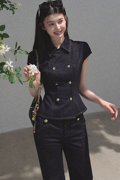 Retro Denim Waist-Cinching Dress Set-Up