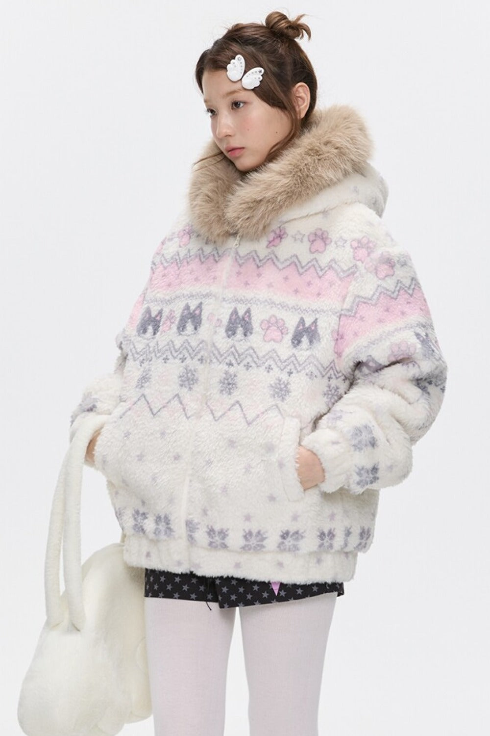 Beige Lamb Wool Fur Collar Jacket