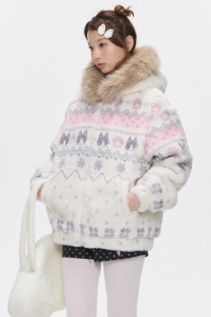 Beige Lamb Wool Fur Collar Jacket