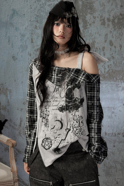 Plaid Wing Off-Shoulder Long-Sleeve T-Shirt