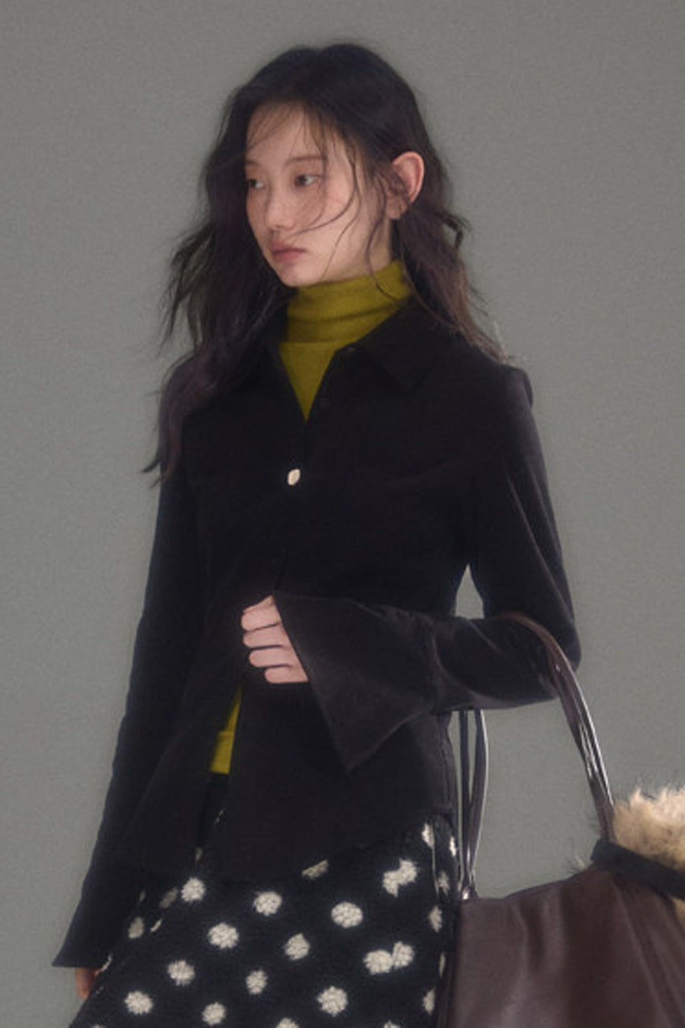 불규칙 단추 순면 코듀로이 나팔소매 셔츠