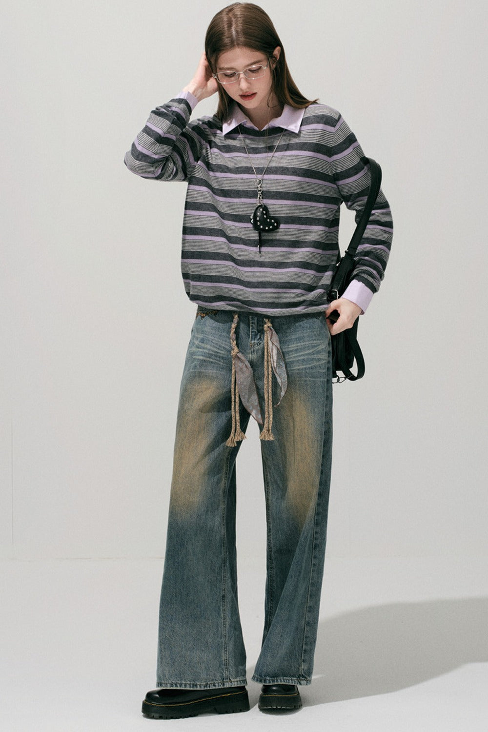 Loose Wide Leg Woven Belt Jeans