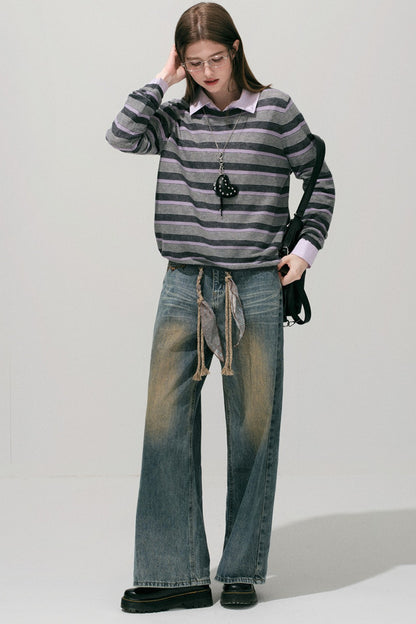 Loose Wide Leg Woven Belt Jeans