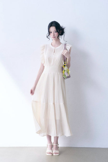 Beige Pleated Ruched Waist Dress