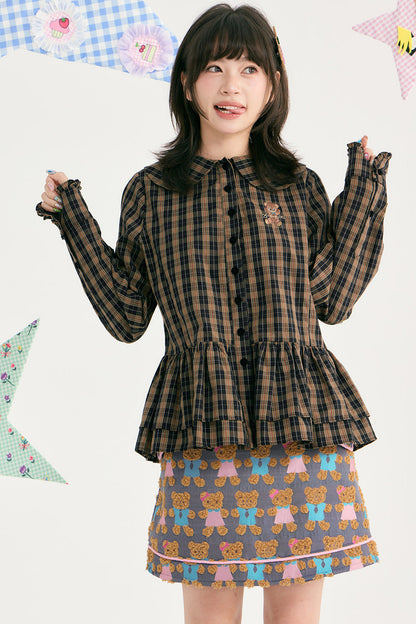 Brown Plaid Doll Collar Cotton Shirt