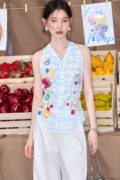Fruit Print Halter Top and Skirt Set-Up