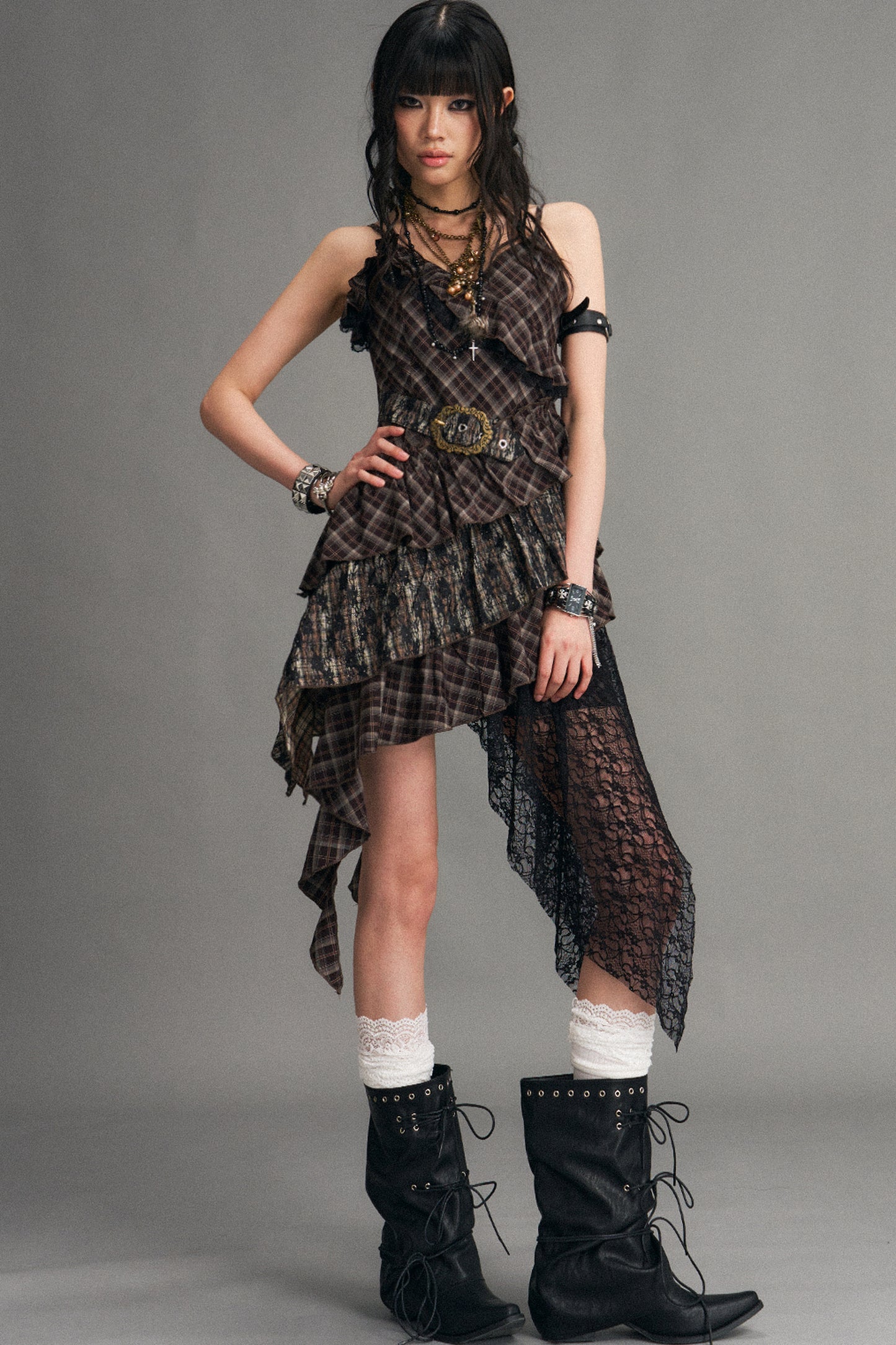 Retro Irregular Plaid Dress