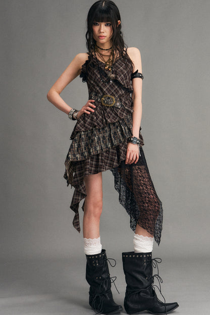 Retro Irregular Plaid Dress