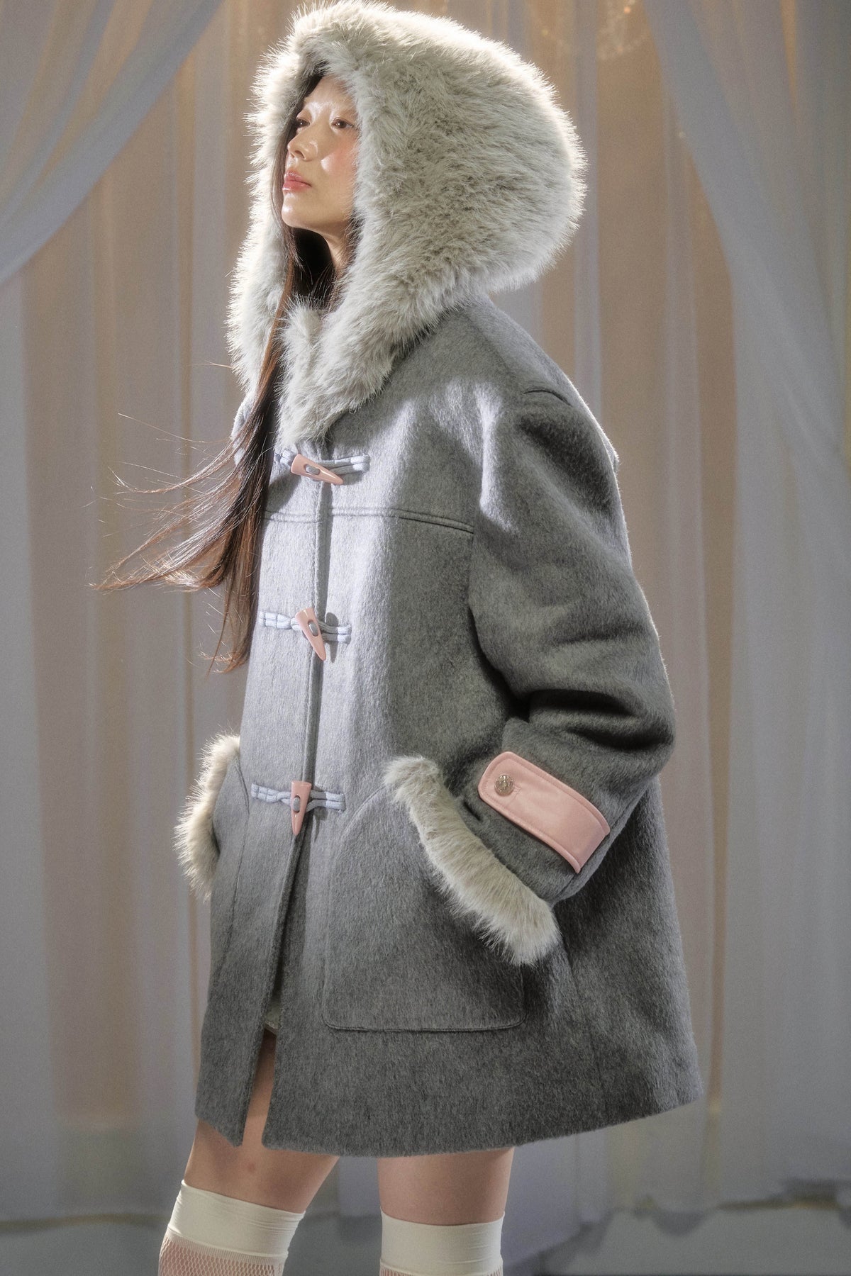 Toggle Button Fur Collar Hooded Coat