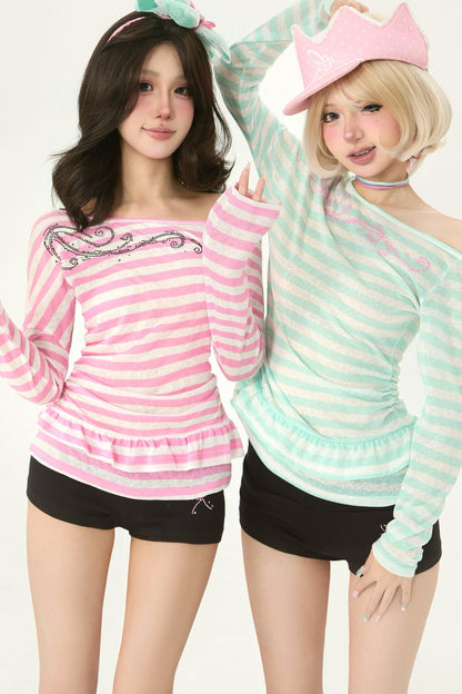 Rhinestone Off-Shoulder Striped Blouse