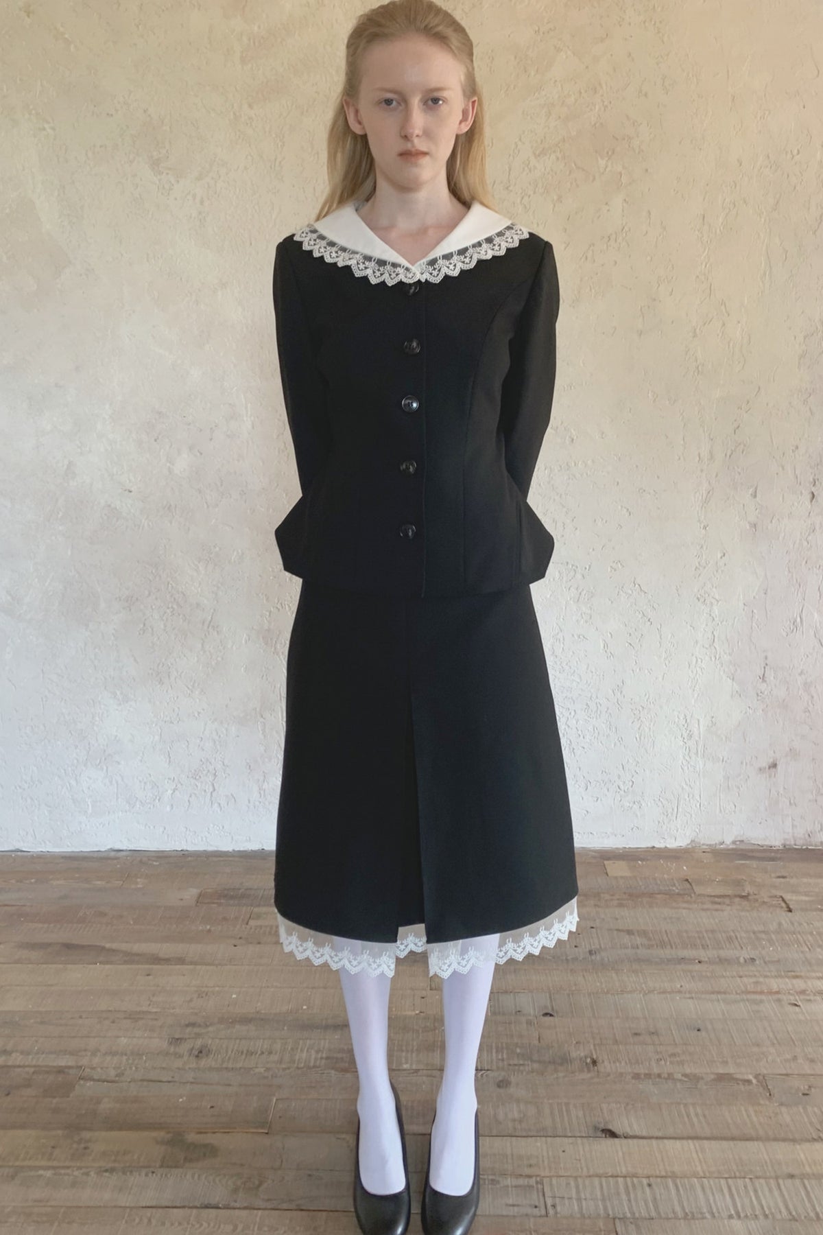 Black Lace Collar Jacket and Skirt Set-Up