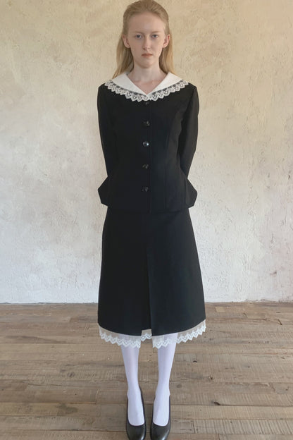 Black Lace Collar Jacket and Skirt Set-Up