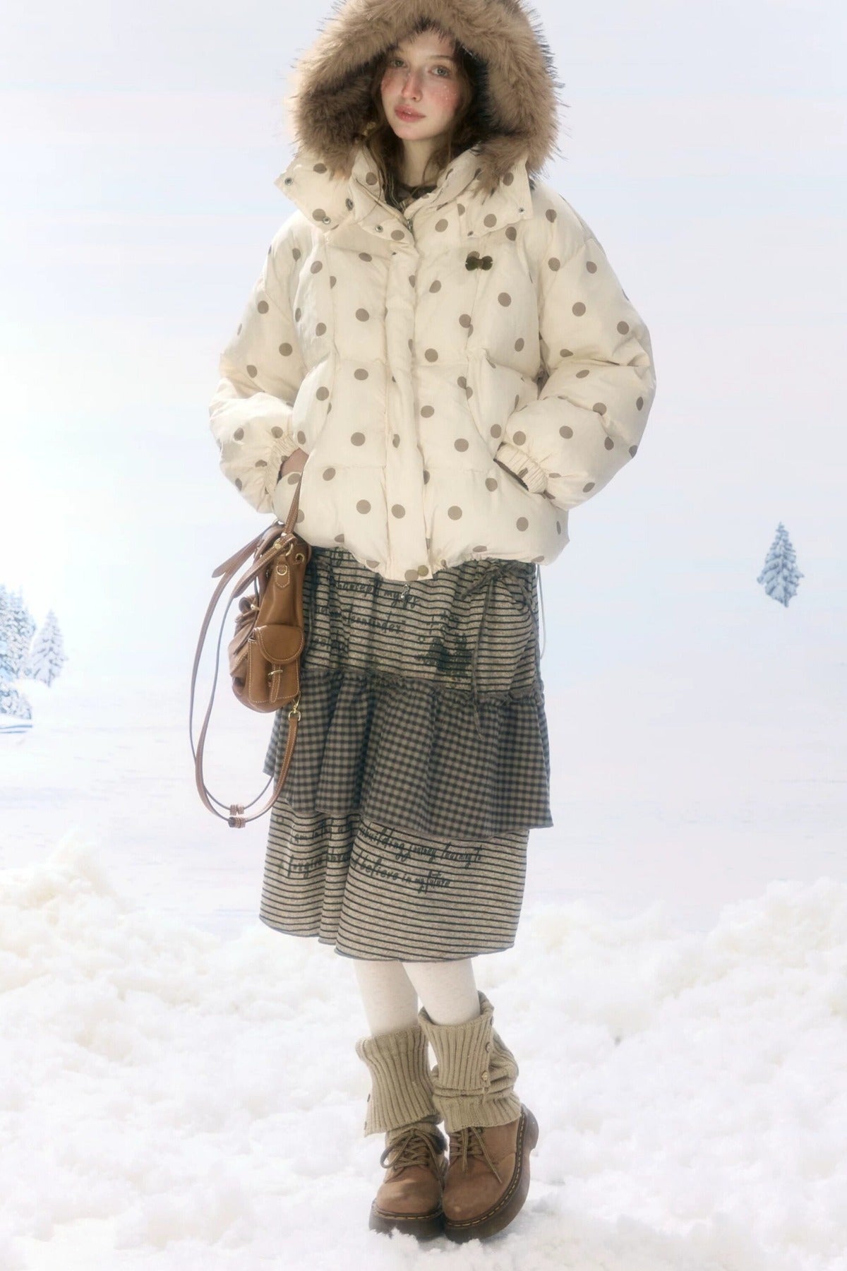 Polka Dot Fur Collar Hooded Down Jacket