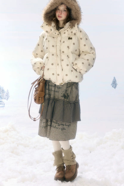 Polka Dot Fur Collar Hooded Down Jacket