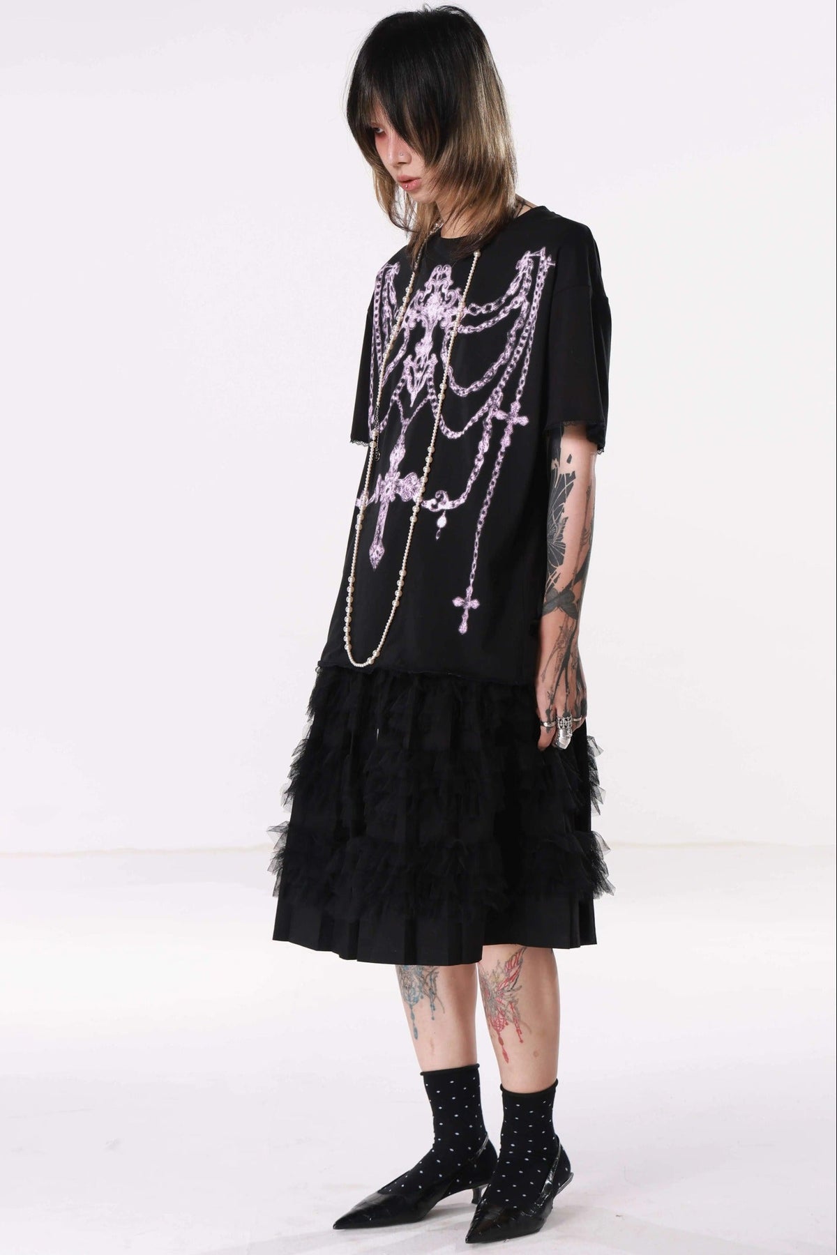 Gothic Cross Chain Rib Cage Lace T-Shirt