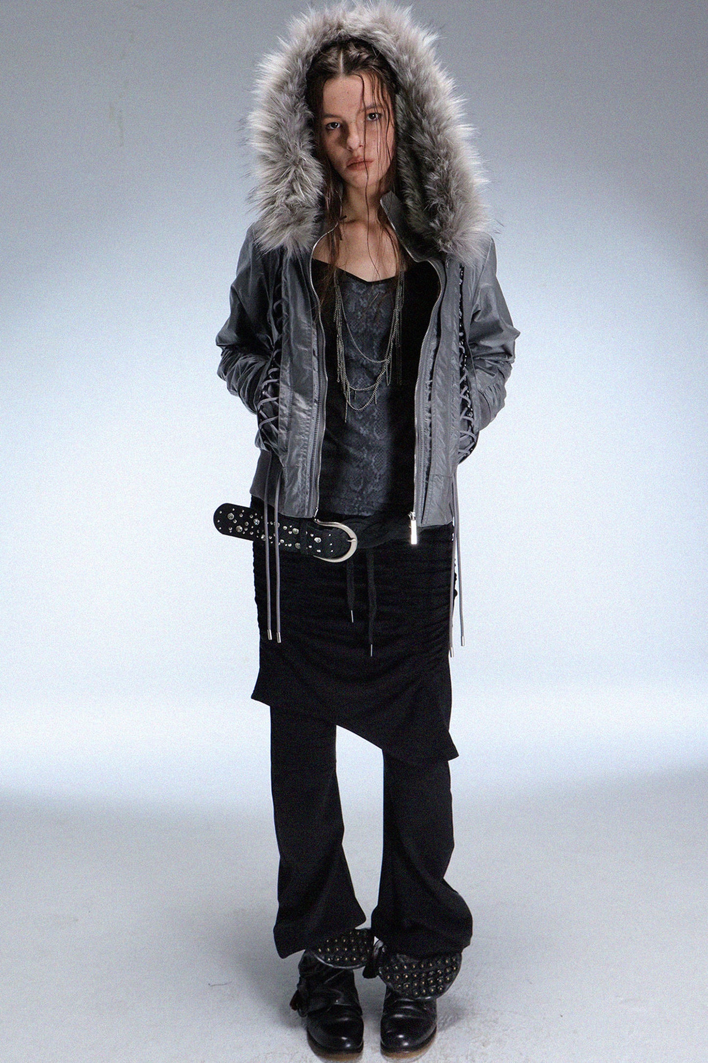 Lace-Up Fur Shawl Parka Jacket