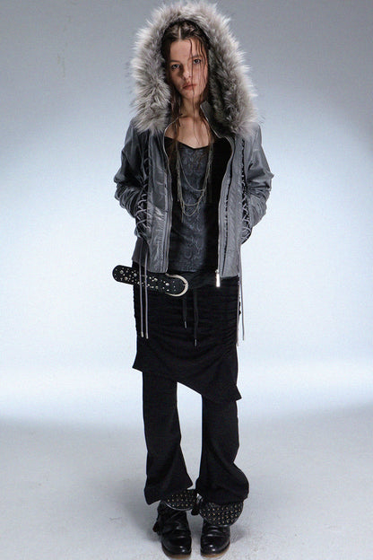 Lace-Up Fur Shawl Parka Jacket