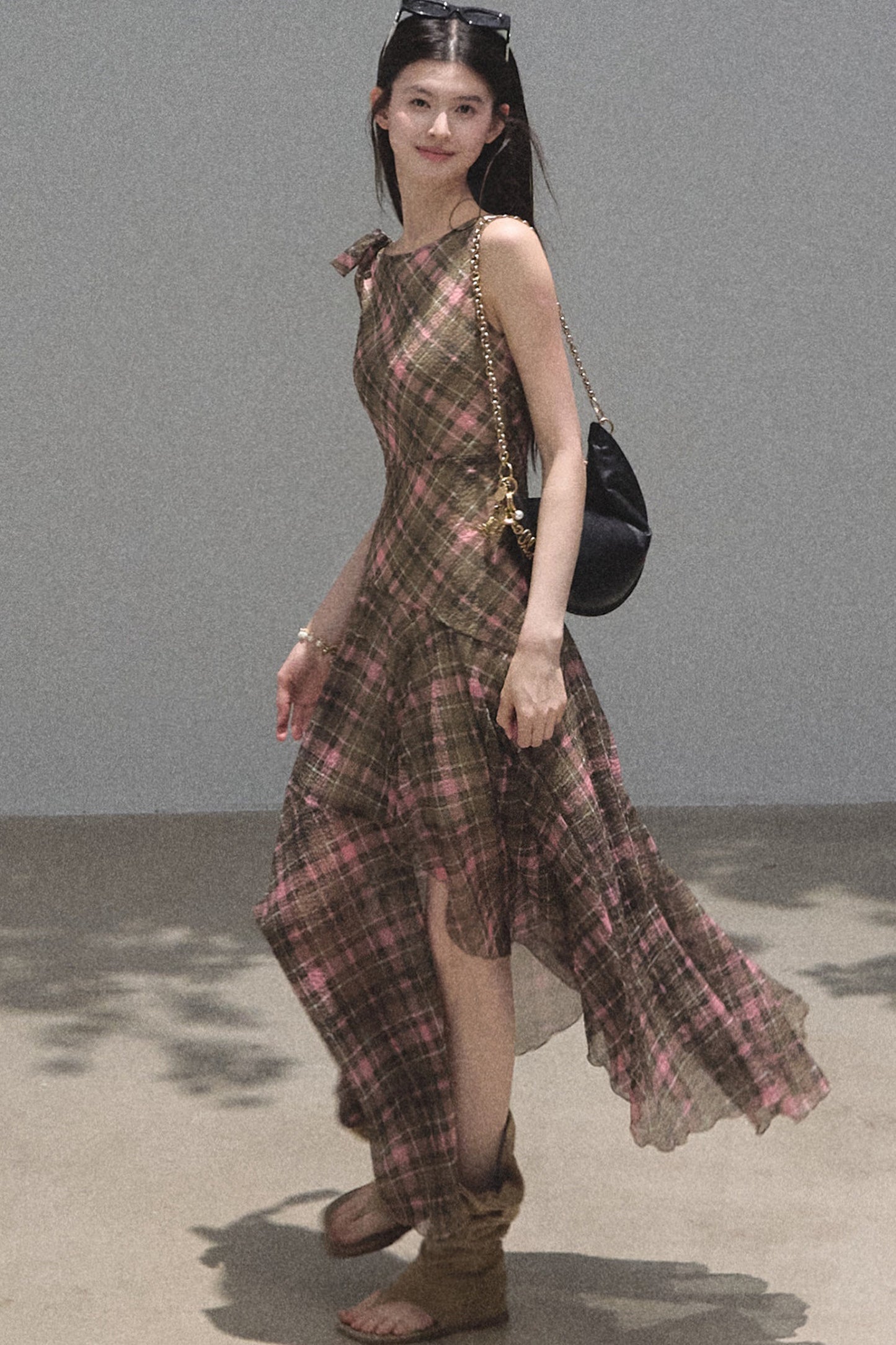 Off-Shoulder Plaid Irregular Tank Dress