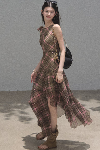 Off-Shoulder Plaid Irregular Tank Dress