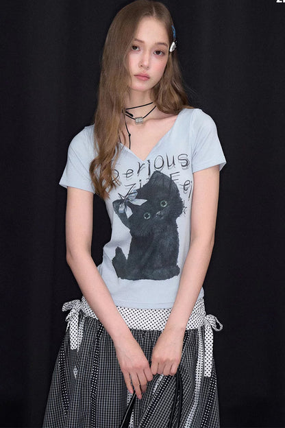 Black Cat V-Neck T-Shirt