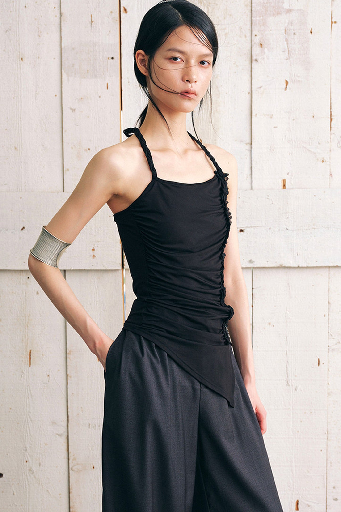 Side Ruched Braided Halter Top