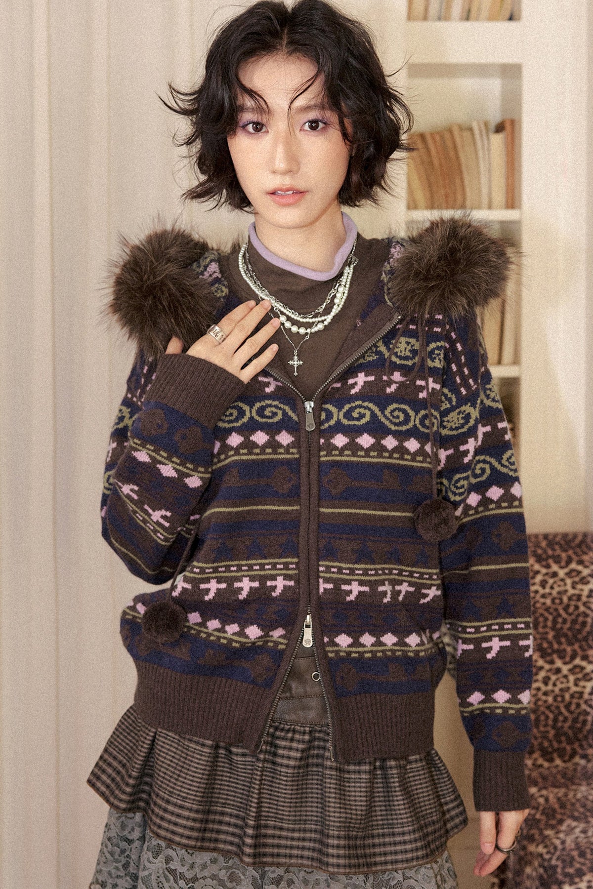 Detachable Fur Collar Fair Isle Hooded Cardigan