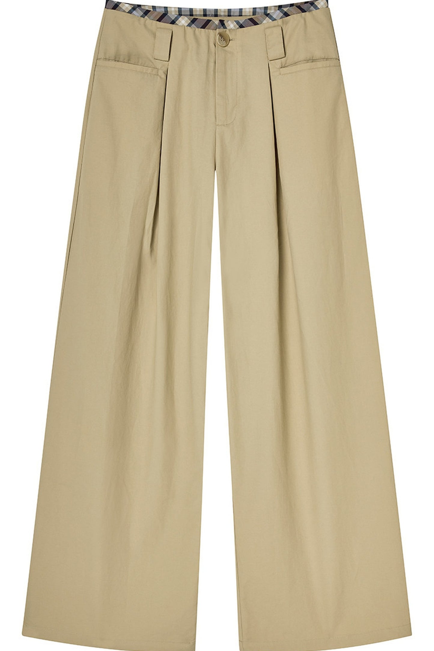 Khaki Plaid Waist Pleated Wide Leg Pants