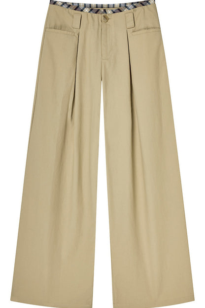 Khaki Plaid Waist Pleated Wide Leg Pants