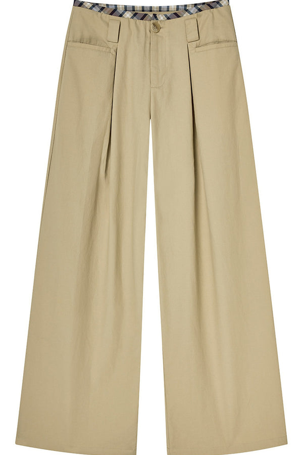 Khaki Plaid Waist Pleated Wide Leg Pants