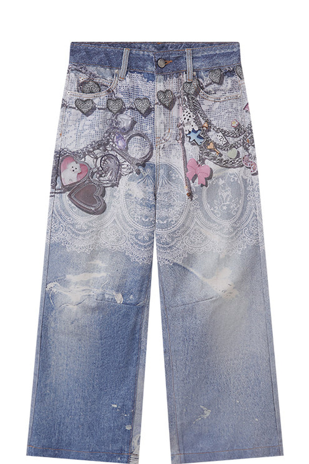 Blue Chain Detail Wide-Leg Straight Denim Pants