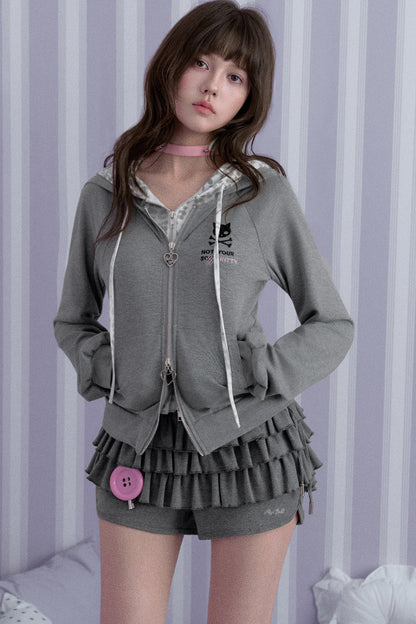 Gray Leopard Print Double-Layer Hooded Sweatshirt Jacket