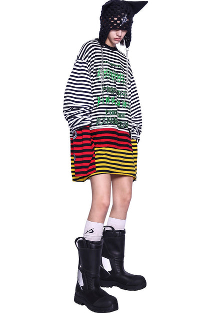Stacked Stripes Patchwork Staggered Letter Print T-Shirt