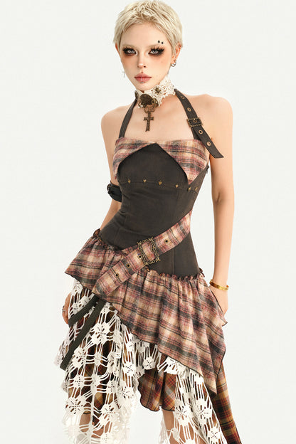 Irregular Plaid Lace Halter Dress