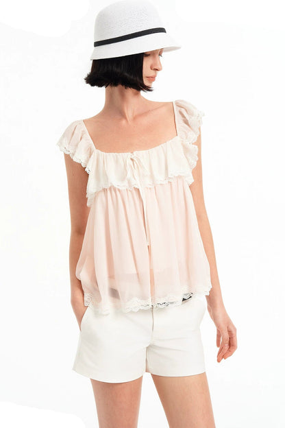 Modal Bow-Knot Square Neck Mesh Camisole