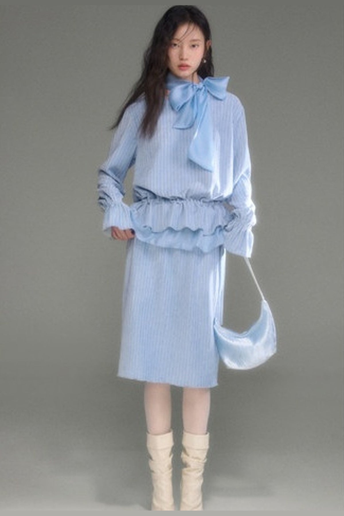 Moonlight Waterfall Long-Sleeve Ribbon Top and Skirt Set-Up
