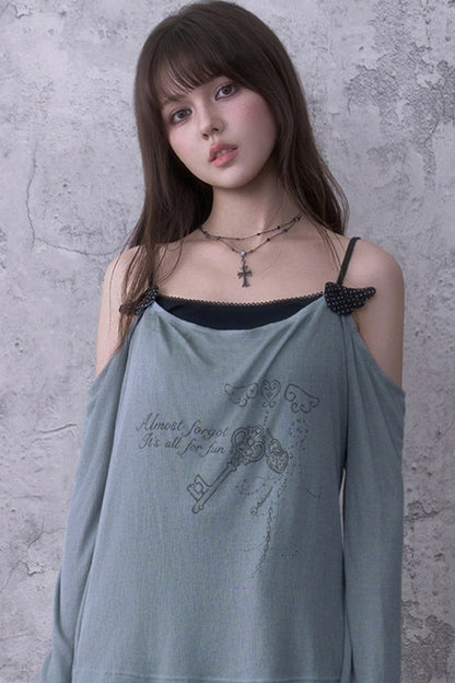 Gray Blue Draped Collar Layered-Look Blouse