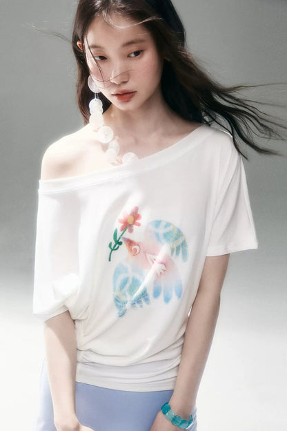 Mint Bird Print Off-Shoulder Ruched Top