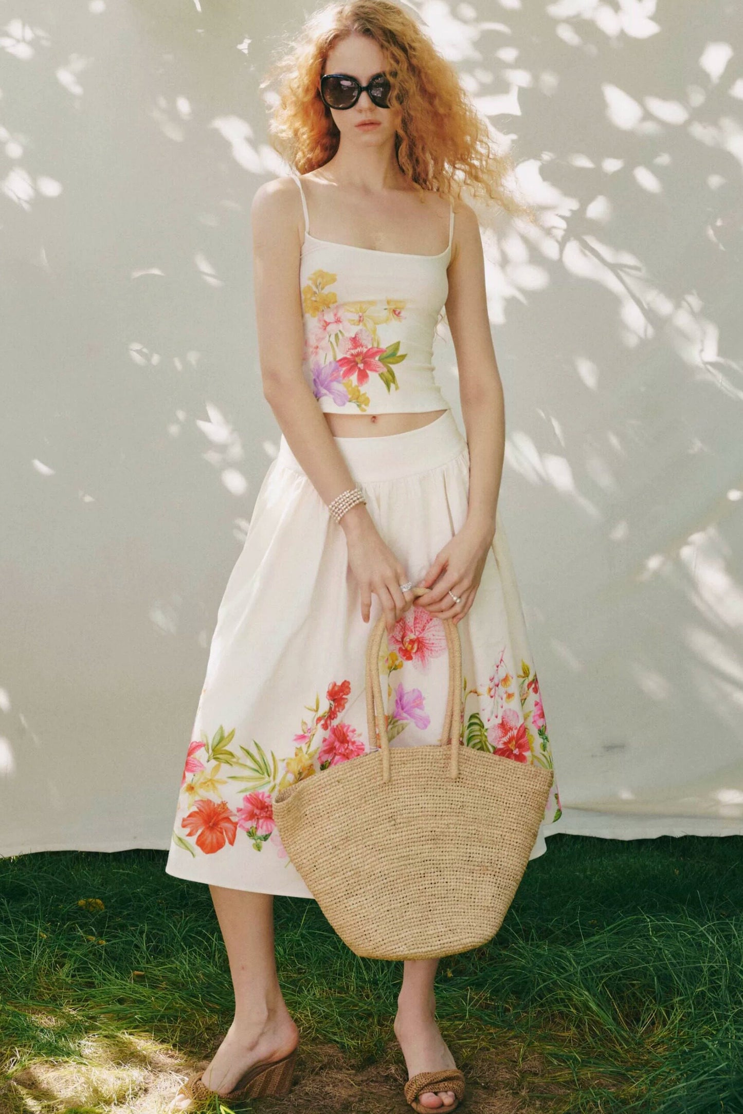 Retro Tencel Printed Camisole Skirt Set-Up