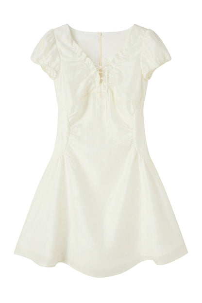 White Ruched V-Neck Short Dress